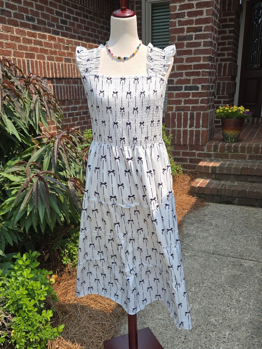 ECOWISH  Smocked Sundress with Black Bow Print